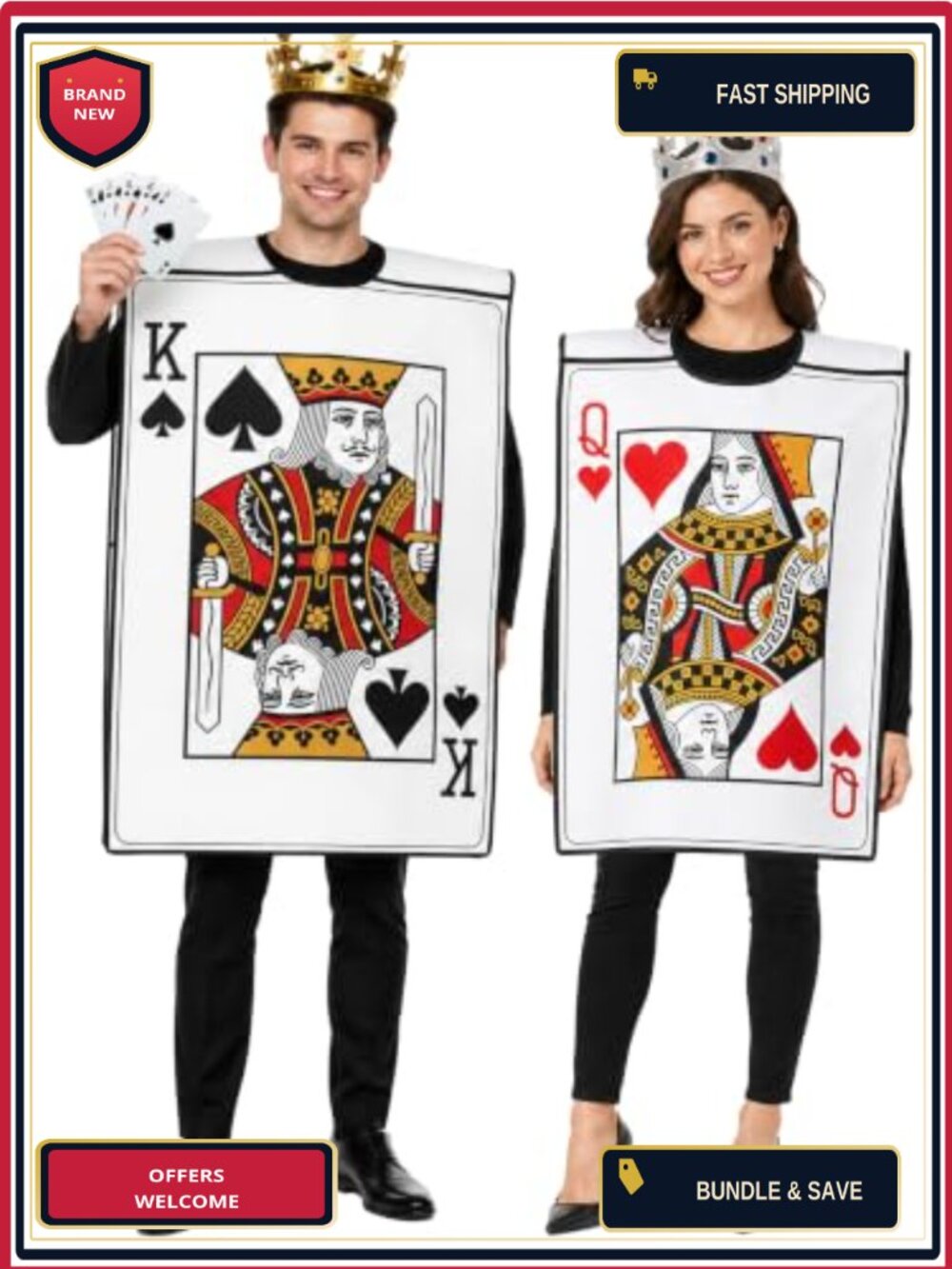 King & Queen Playing Card Costume Set with Crowns Adult Tunic Halloween